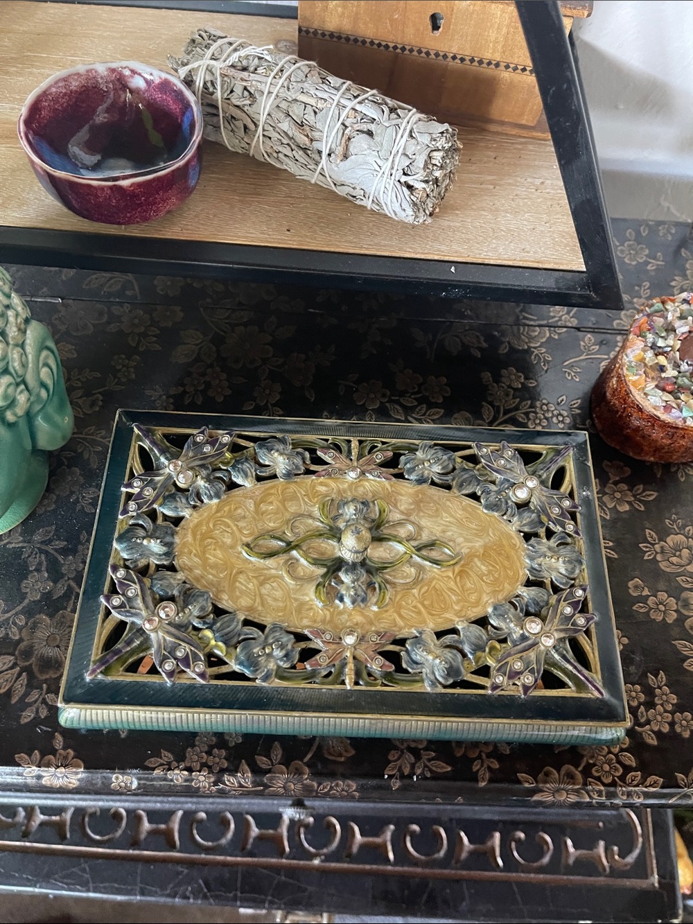 Ornate walls Dragonfly Decorative Trinket Box in Green and Gold